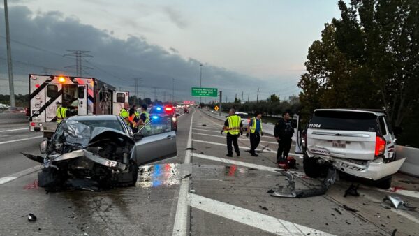 Deputy monitoring traffic injured after vehicle crashed into parked patrol unit on North Beltway 8, officials say